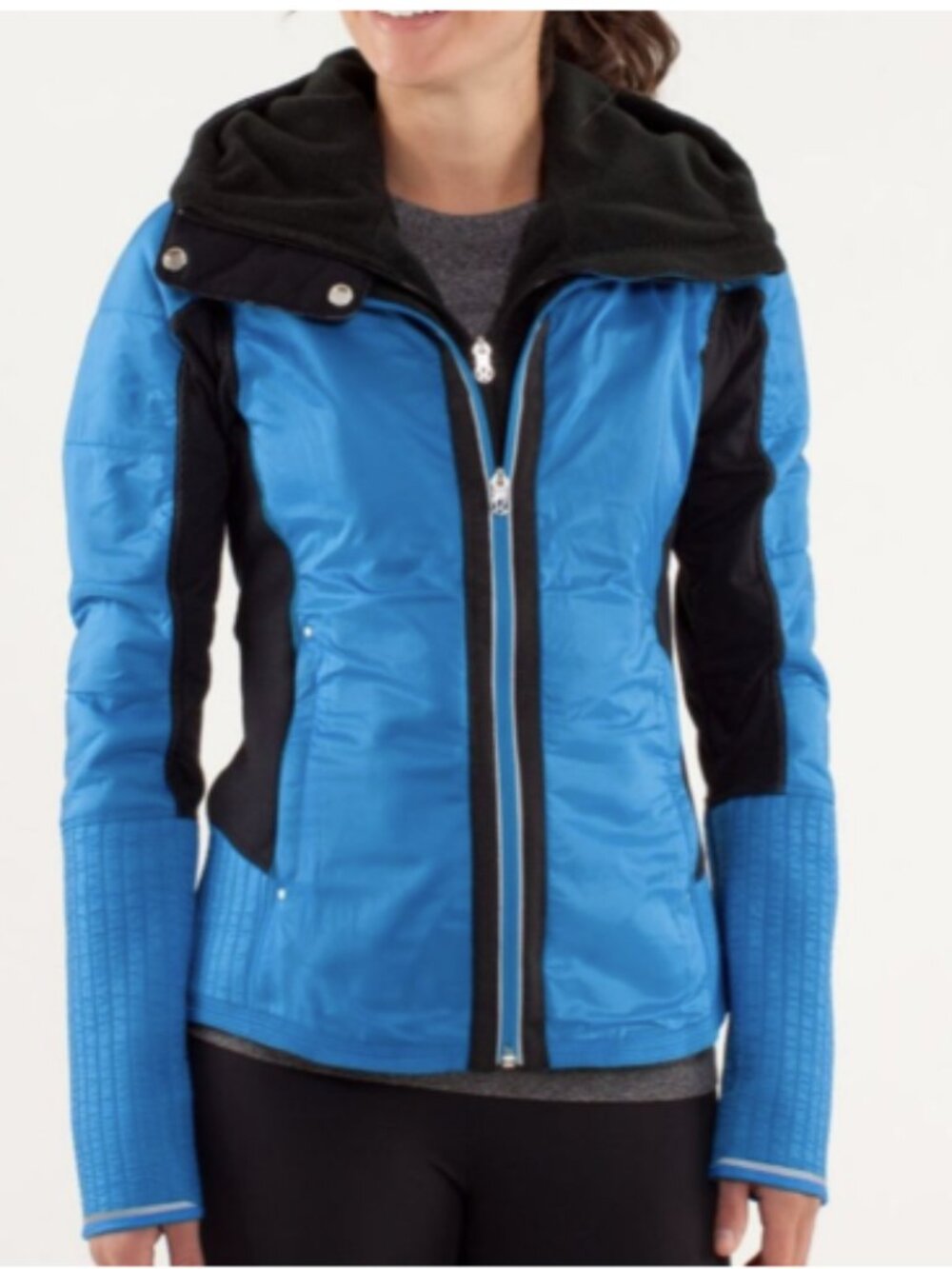 Lululemon Run Bundle Up Black Beaming Blue Removable Hood Fleece Lined Jacket 8
